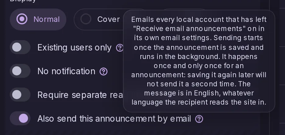 El editor de anuncios con el interruptor También enviar este anuncio por email activado y su explicación.