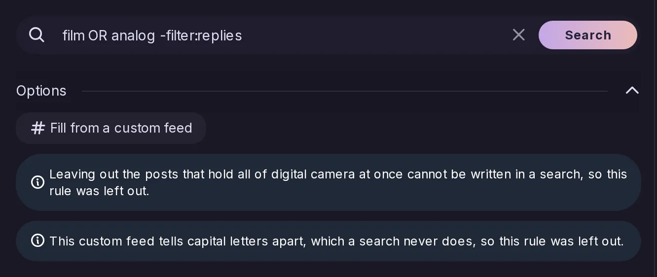La búsqueda de publicaciones rellenada desde la fuente personalizada Film photography, con avisos que nombran las reglas que una búsqueda no puede aceptar tal cual.