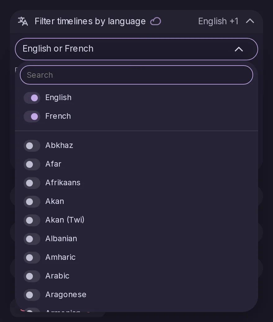 El ajuste Filtrar tus líneas de tiempo abierto, con inglés y francés elegidos arriba en la lista de idiomas.