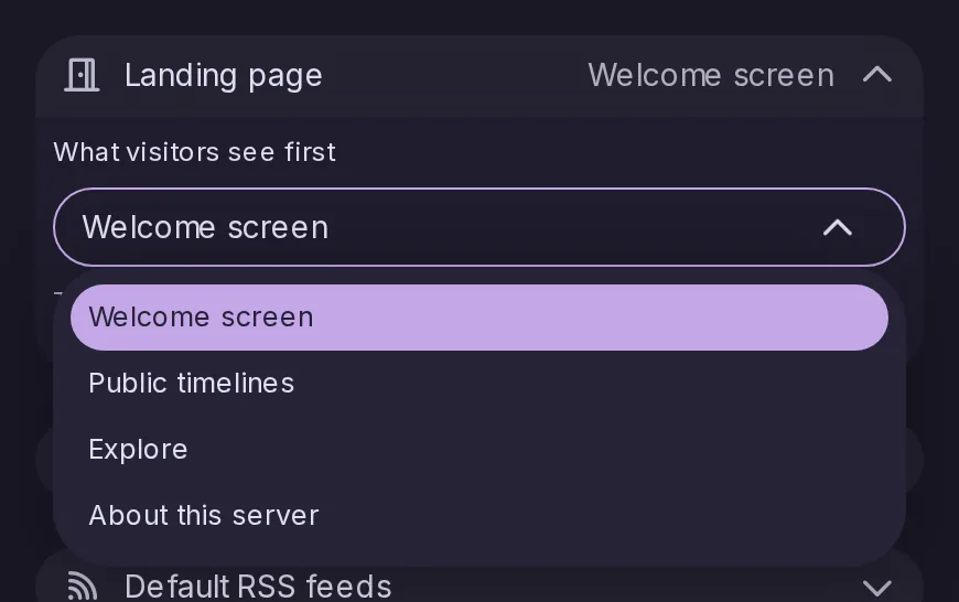 El ajuste Página de inicio del Panel de control, que ofrece a los visitantes la pantalla de bienvenida, las líneas de tiempo públicas, Explorar o la página Sobre este servidor.