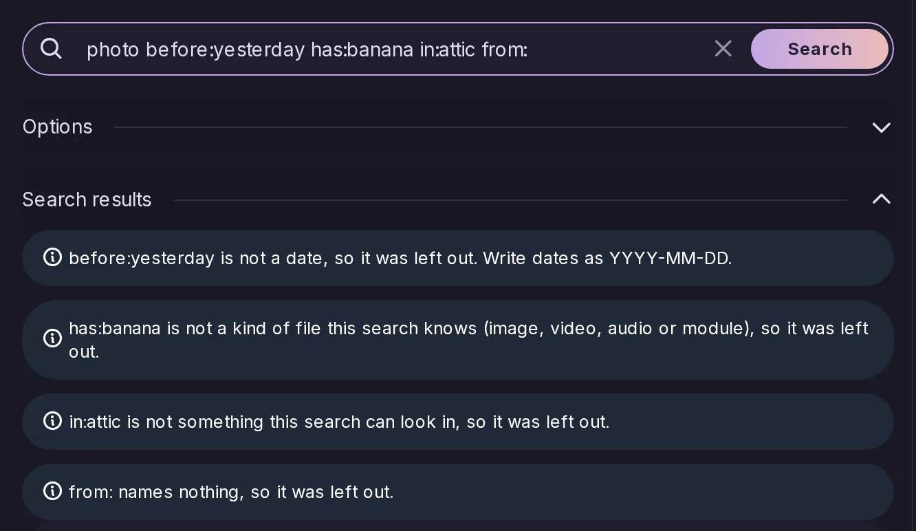 La búsqueda de publicaciones nombrando cada token que no pudo leer, como before:yesterday y has:banana, e indicando que los dejó fuera.