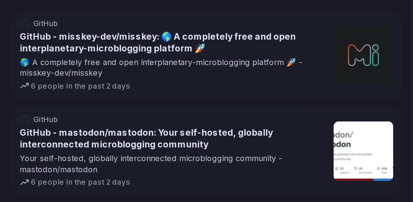 La pestaña Enlaces de Explorar, que lista enlaces en tendencia de github.com como tarjetas con su sitio, título, descripción, imagen y cuántas personas los compartieron hace poco.