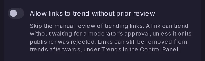El interruptor Permitir que los enlaces estén en tendencia sin revisión previa del Panel de control, bajo los ajustes de enlaces en tendencia, con su explicación.